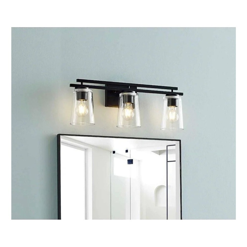 allen + roth 3-Light Matte Black Bathroom Vanity Light‎ Clear Glass Shades